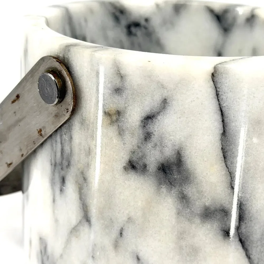 Vintage 70s White Grey Solid Marble Hollywood Regency Heavy Barware Ice Bucket